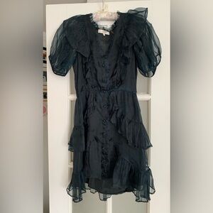 LoveShackFancy Black Silk Tulle Button Front Ruffle Short Sleeve Mini Dress